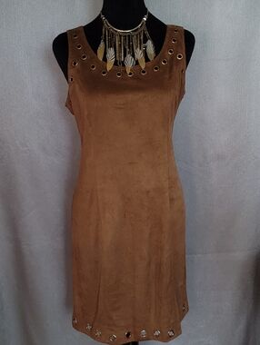 Sleeveless Faux Suede Eyelet Shift Dress in Brown